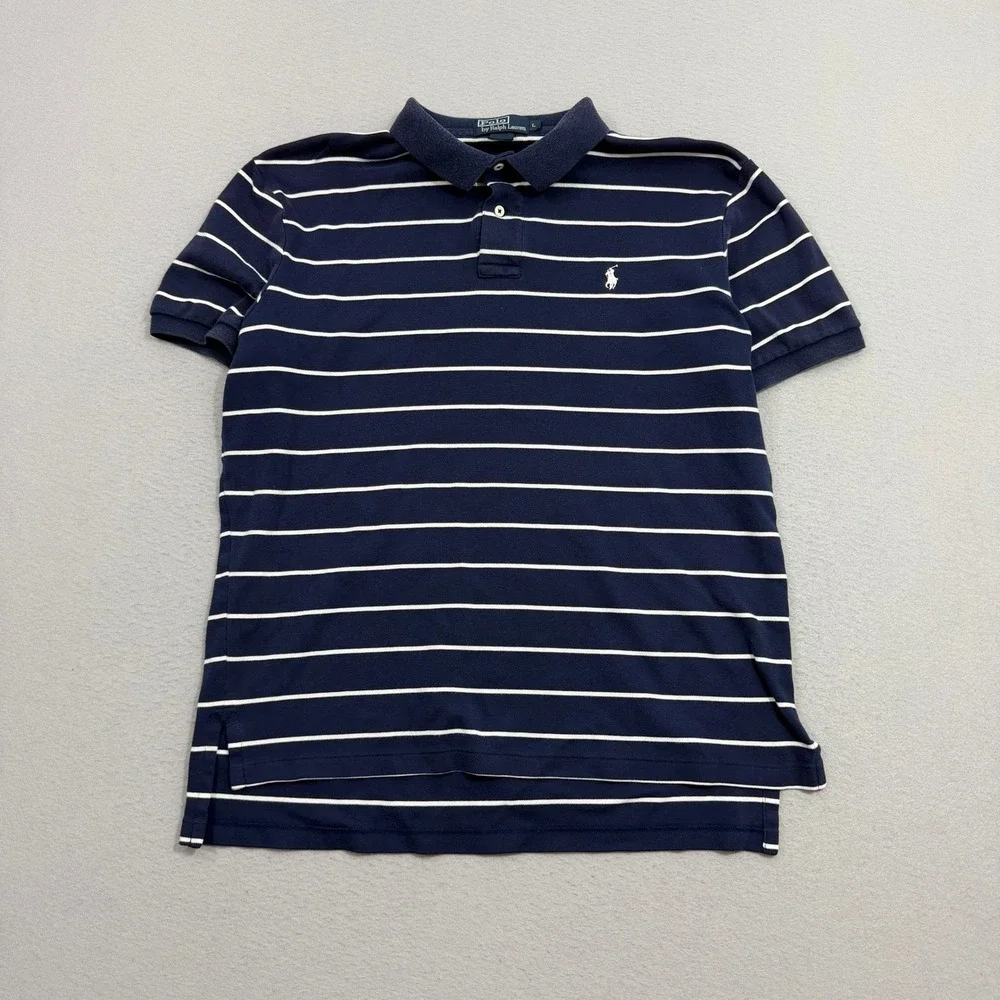 Vintage Polo Ralph Lauren Shirt Men's Large Navy Blue Striped Short Sleeve Pony